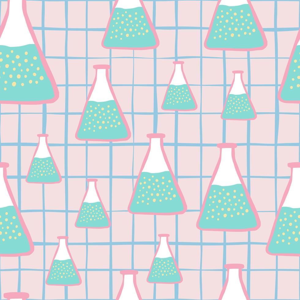 patrón aleatorio sin costuras química universitaria con adorno de matraz de medicina azul. fondo a cuadros rosa claro. vector