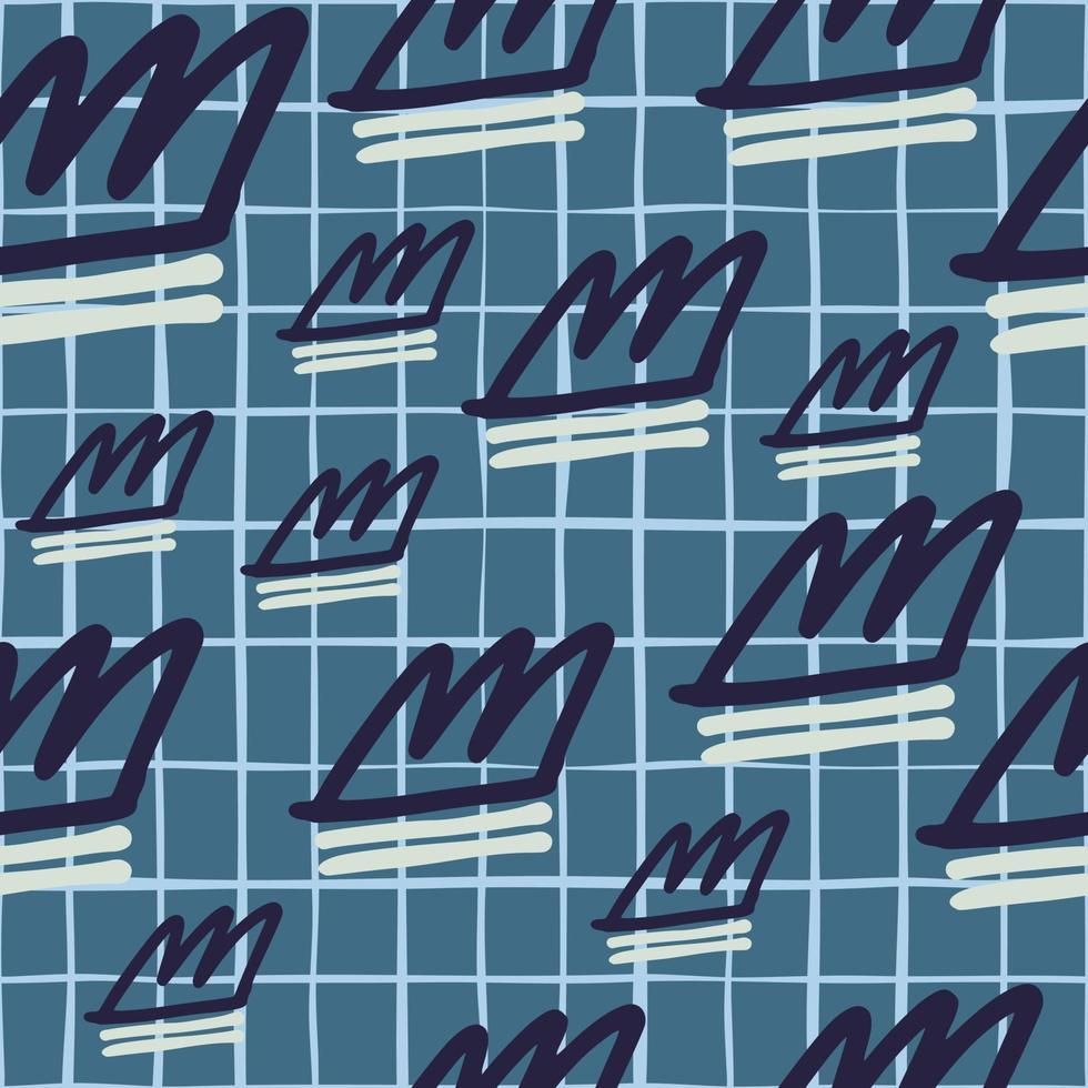 patrón aleatorio ingenuo sin costuras con adorno de contorno de corona. fondo azul marino con cuadros. vector