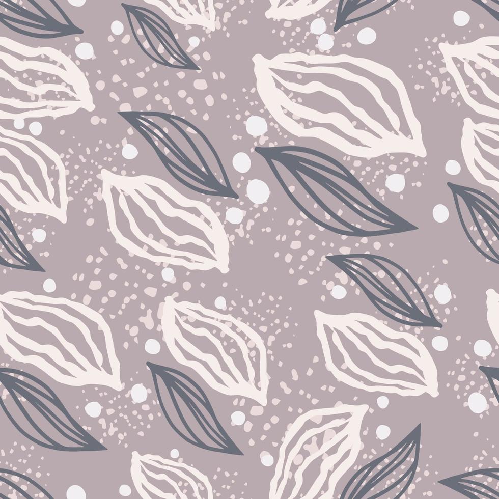 Random leaves outline figures seamless pattern. White and soft purple botanic ornament on light purple background with dots and splashes. vector