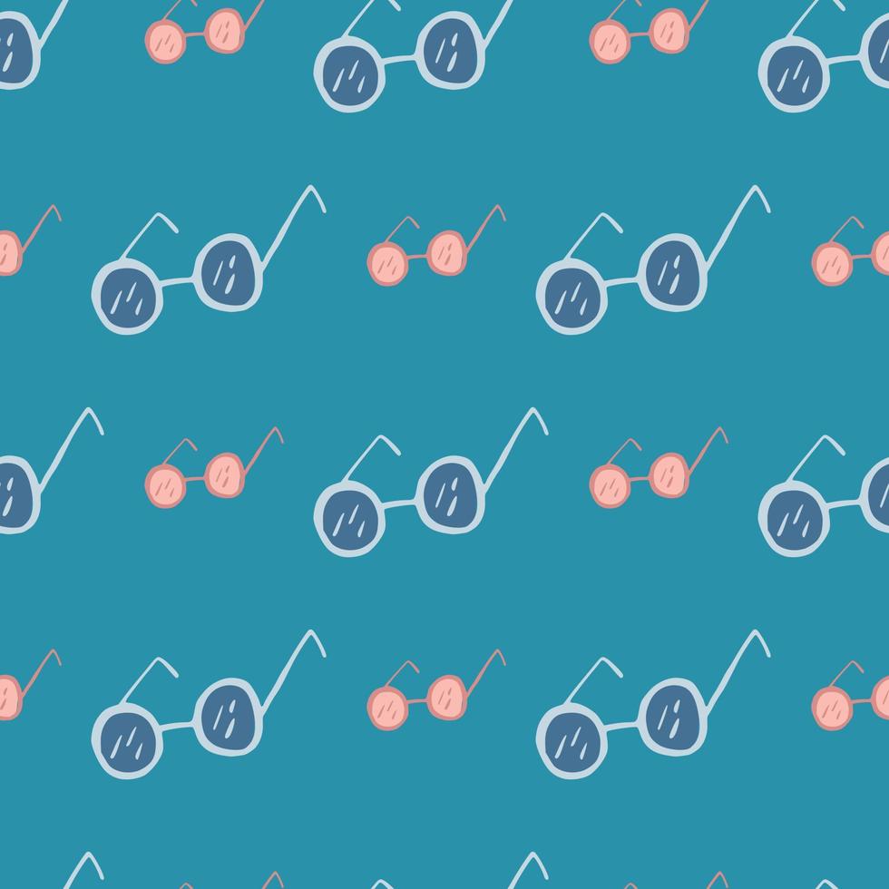 Simple and drawn sunglasses seamless doodle pattern. Optical accessory elements on blue brigt backgound. vector