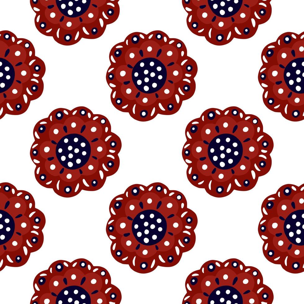 Isolated seamless red bright folk buds pattern in hand drawn style. White background. Floral backdrop. vector