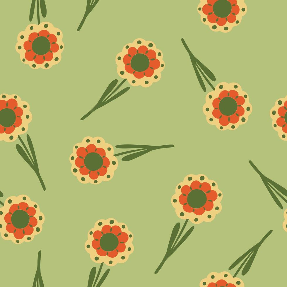 Pastel random seamless pattern with doodle pink orange flowers shapes. Light green background. Botanic backdrop. vector