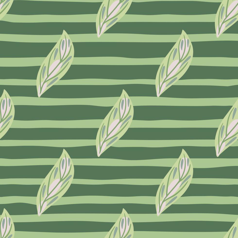 Pastel tones seamless pattern with outline leaf ornament print. Green pastel striped background. vector