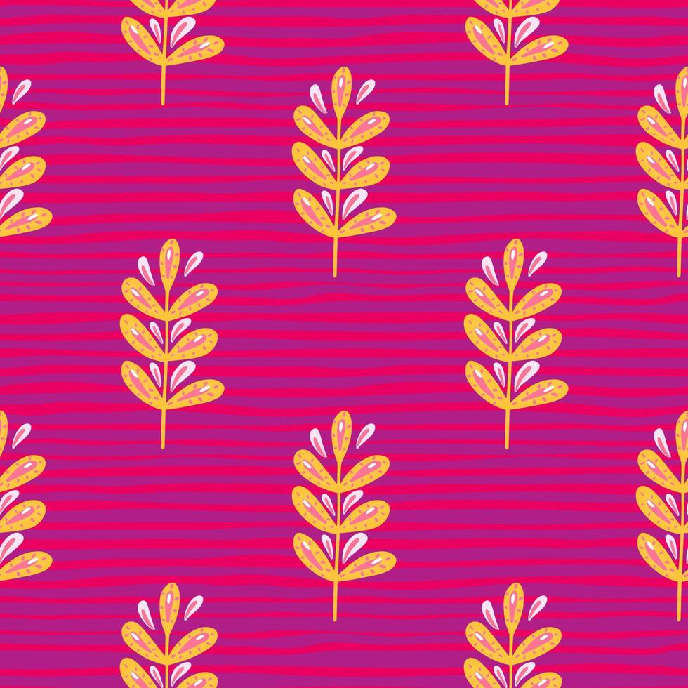 Bright orange seamless pattern with leaf branches shapes. Pink striped background. Vintage backdrop. vector