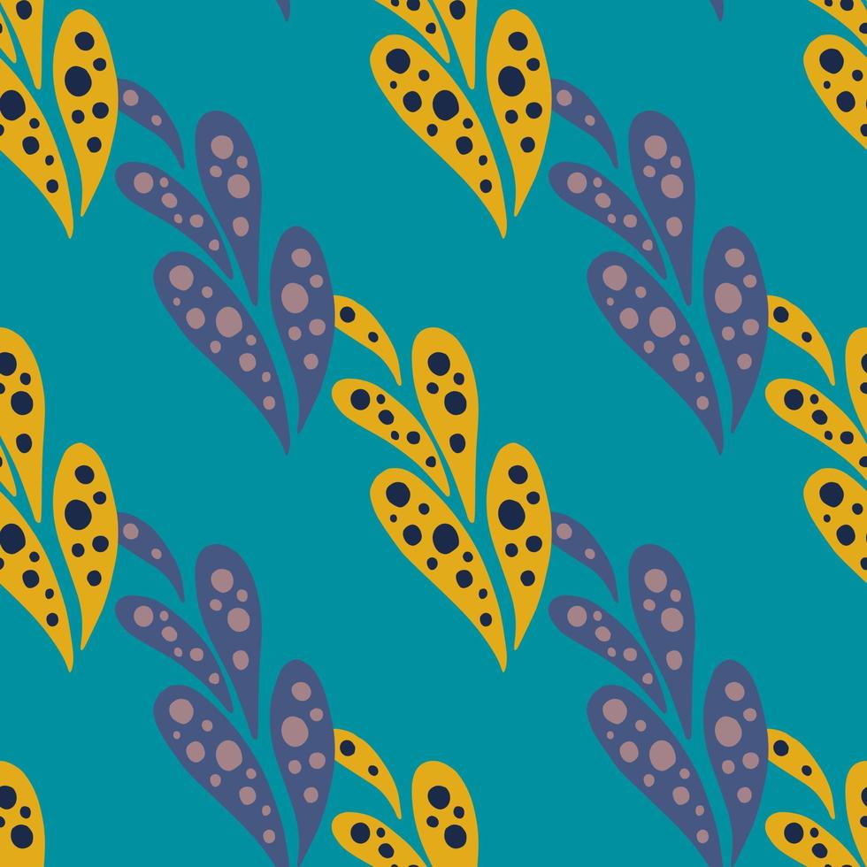 Yellow and purple colored nature abstract ornament seamless pattern. Bright blue background. vector