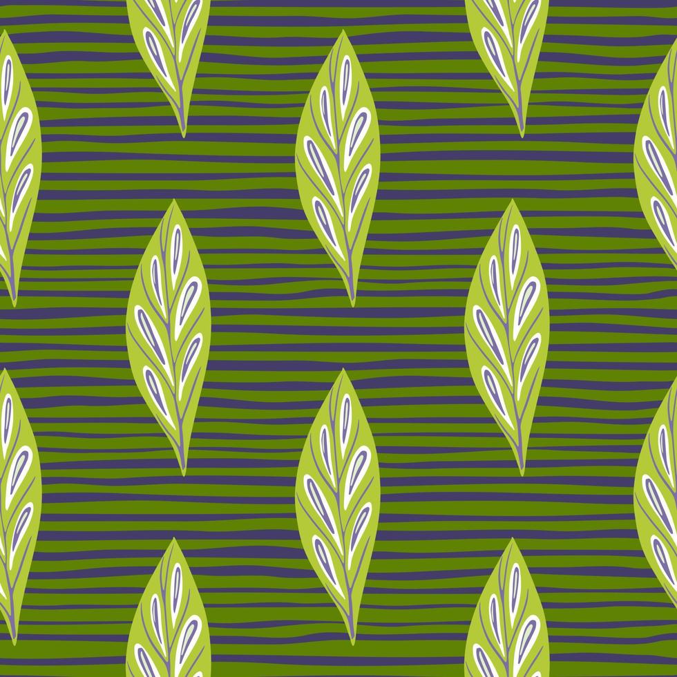 Geometric style seamless pattern with doodle leaves foliage ornament. Green striped background. Herbal print. vector