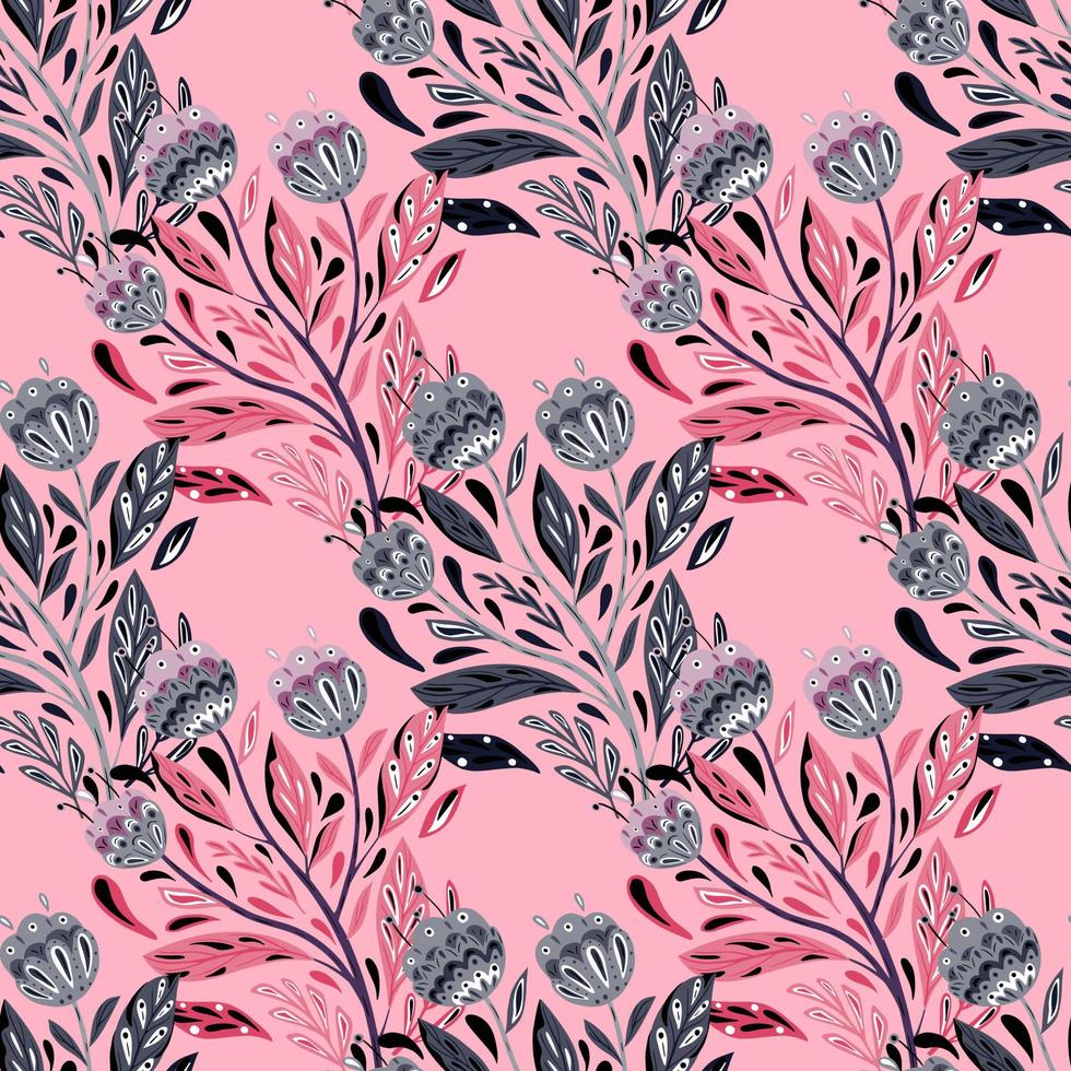 Blue abstract folk bouquet flowers print seamless pattern. Pink background. Floral decorative background. vector