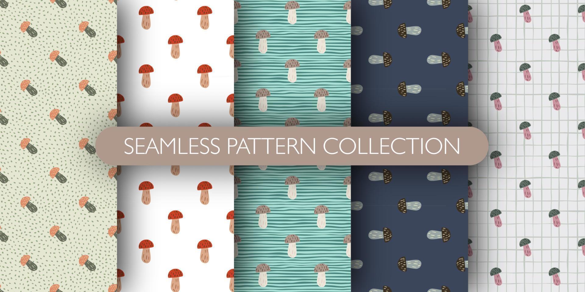 Set of forest seamless pattern with doodlechampignon mushroom ornament. vector