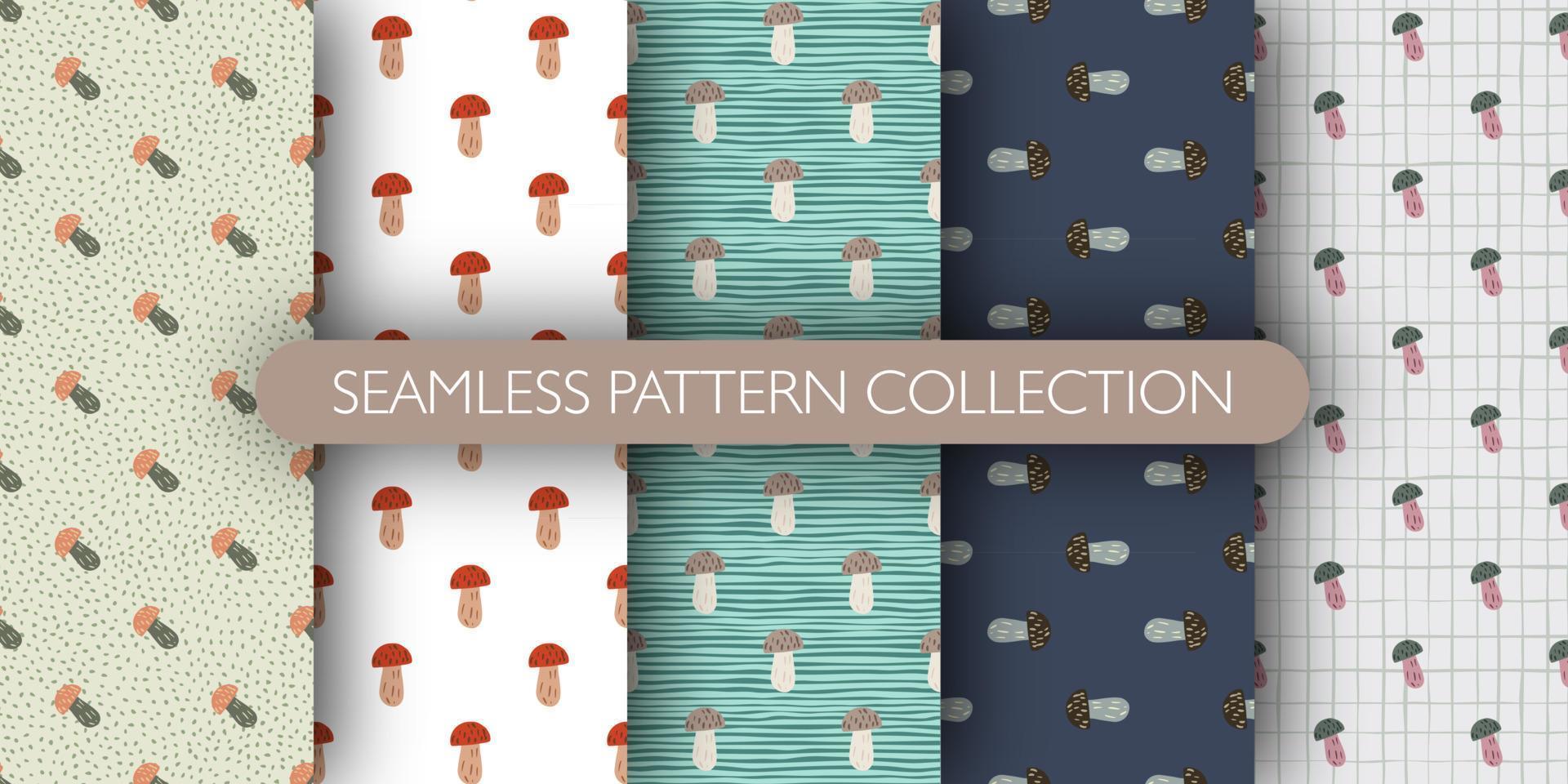 Set of forest seamless pattern with doodlechampignon mushroom ornament. vector