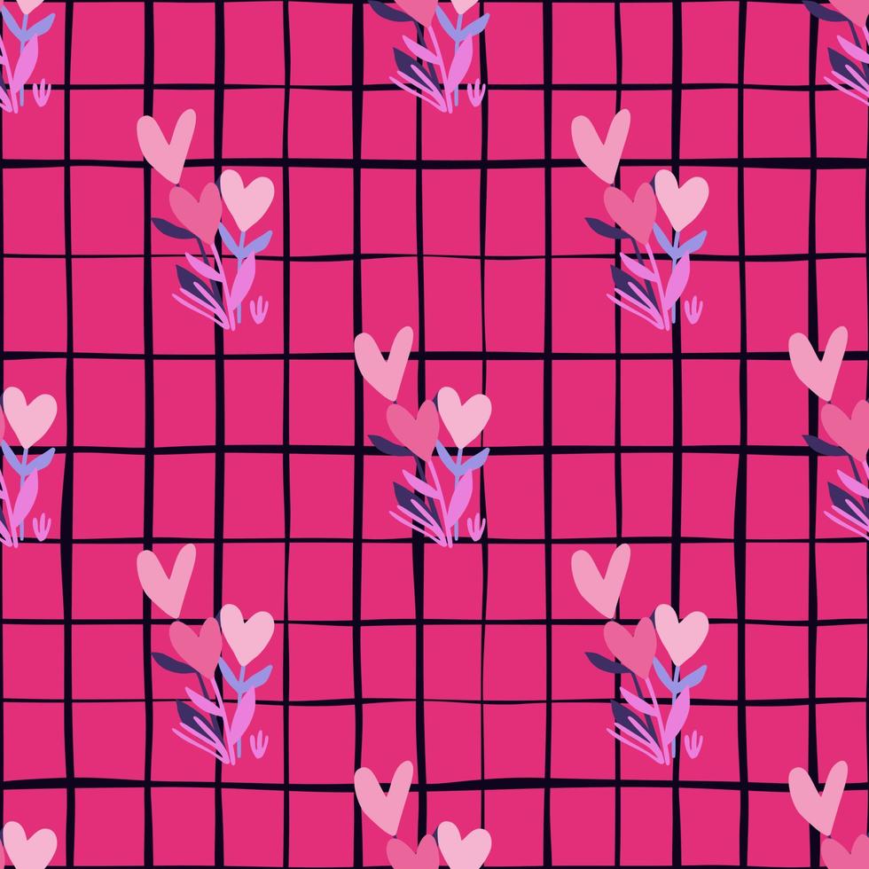 Bright floral seamless pattern with flowers and hearts. Pink background with check. Abstract botanic print. vector