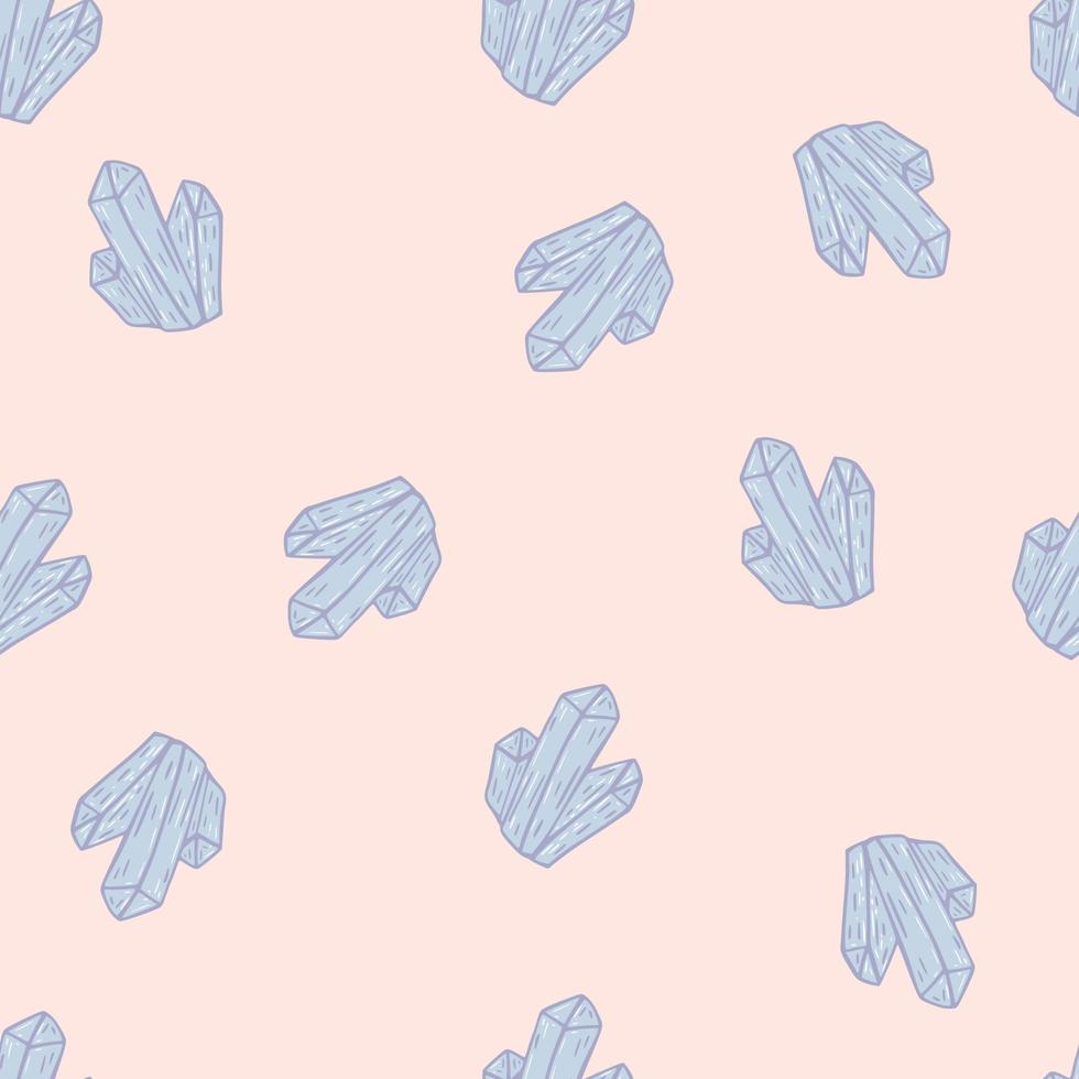 Seamless random pattern with pastel blue crystals. Light pink background. Magic artwork. vector