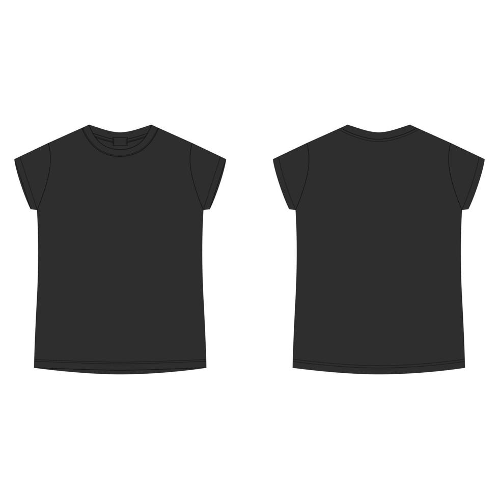 plantilla en blanco de camiseta en color negro. camiseta de boceto técnico para niños aislada sobre fondo blanco. estilo casual para niños. frente y detrás. vector