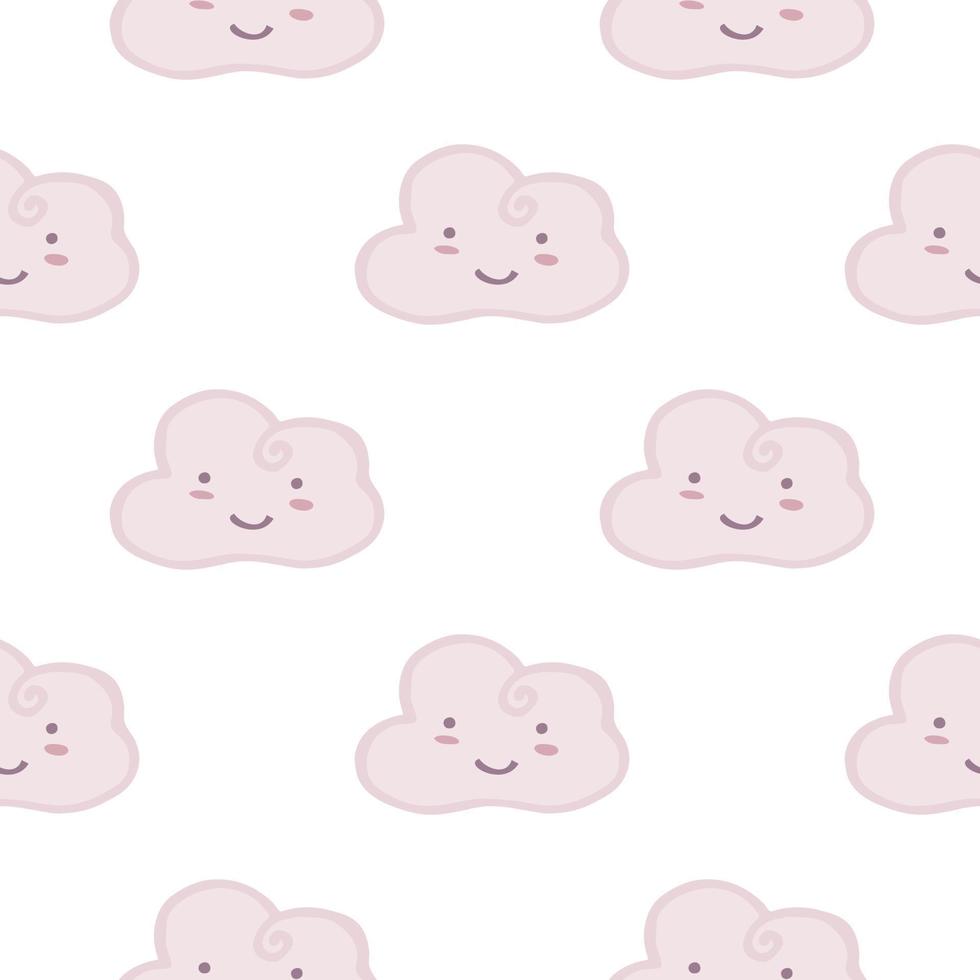 Linda nube sonriente cielo patrón sin costuras sobre fondo blanco. vector