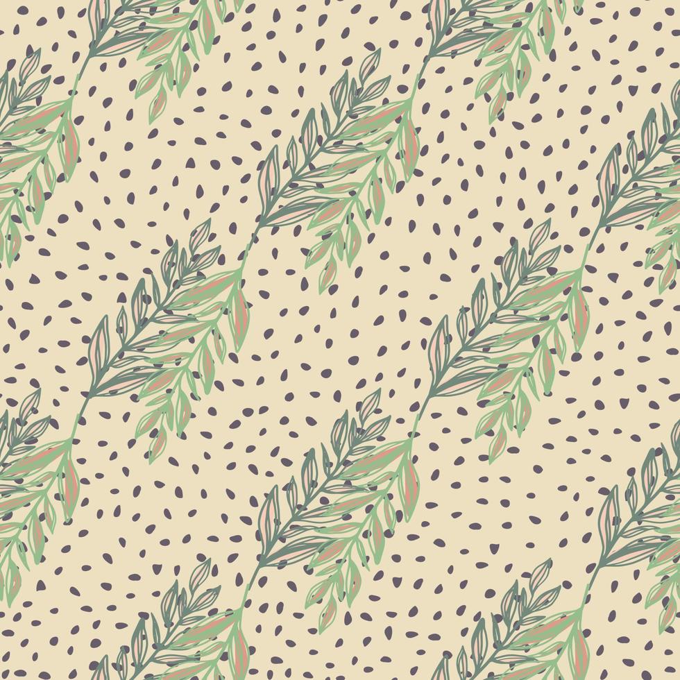 Green and navy blue contoured forest branches seamless pattern. Light pastel beige background with dots. vector