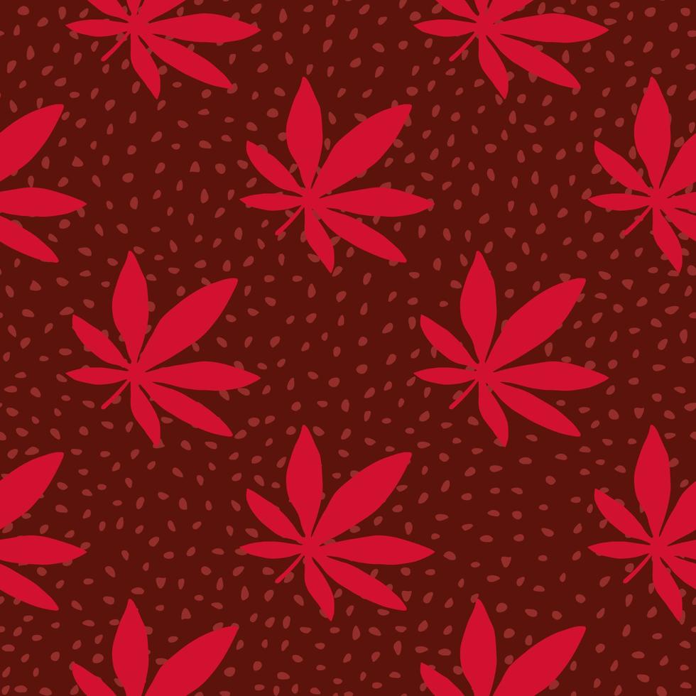 ganja mano dibujada de patrones sin fisuras. fondo granate con puntos y hojas de cannabis rojas. vector