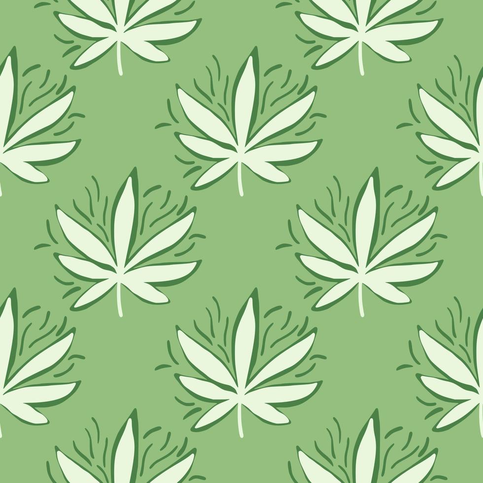 patrón sin costuras con marihuana. hojas de ganja blancas sobre fondo verde papel tapiz sin fin. vector