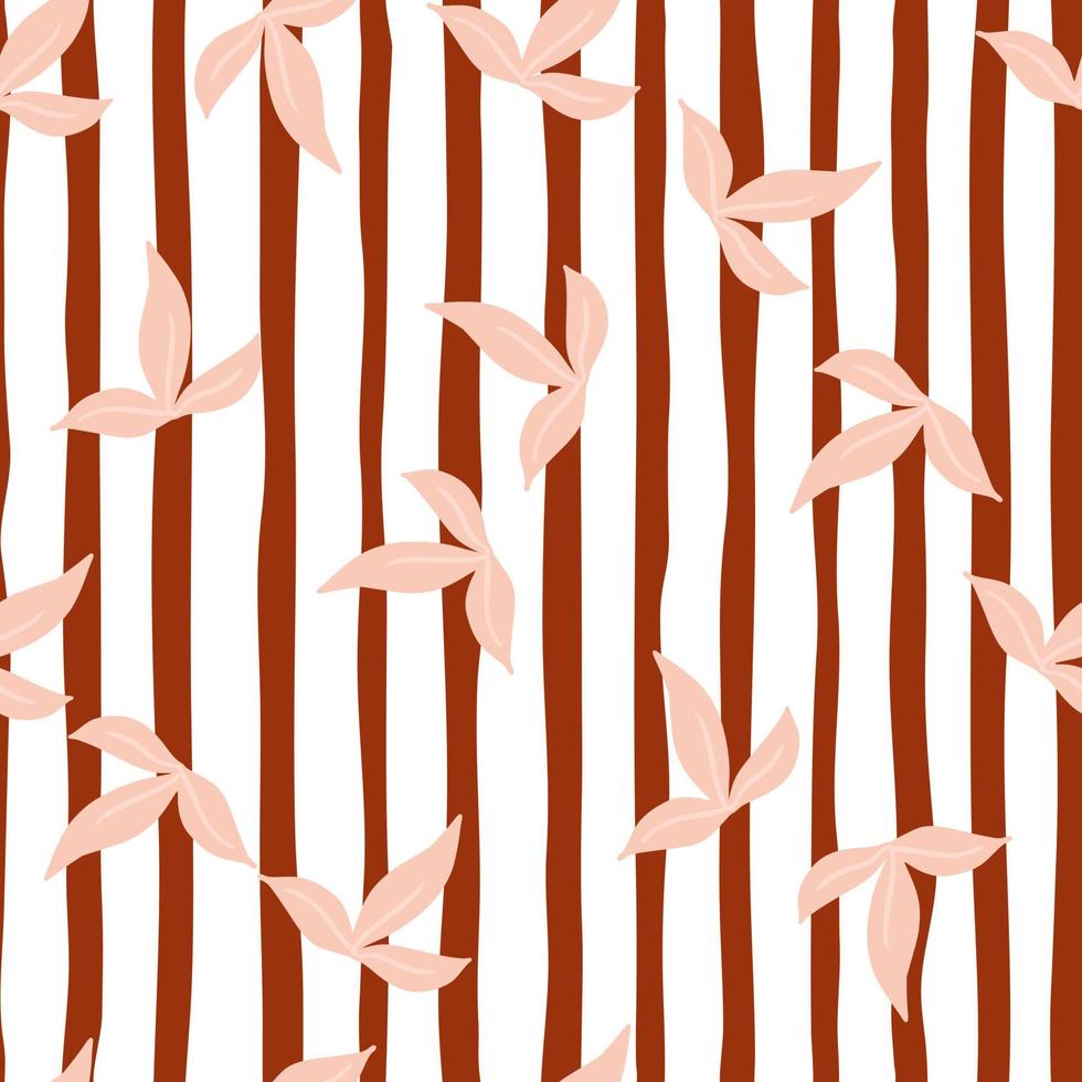 Random pink minimalistic leaf ornament seamless pattern. Red and white striped background. vector
