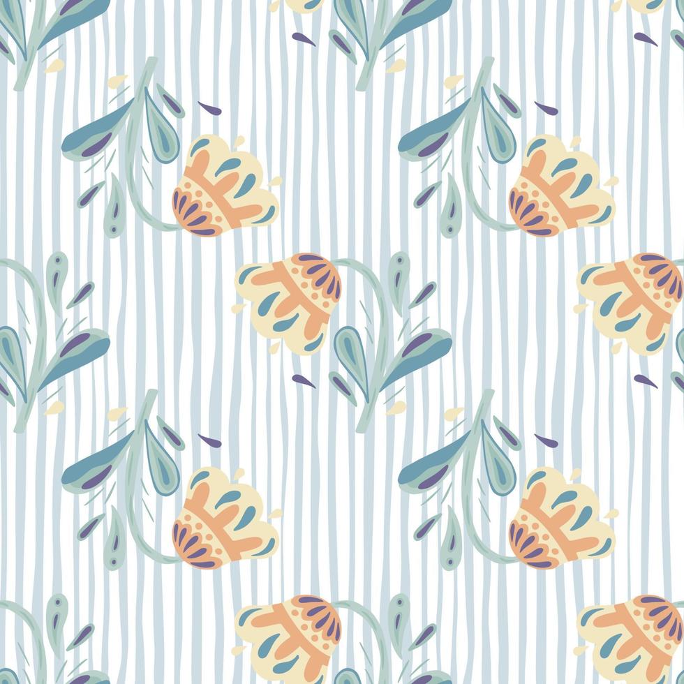 Simple hand drawn seamless pattern with orange folk flowers ornament. Light blue striped background. vector