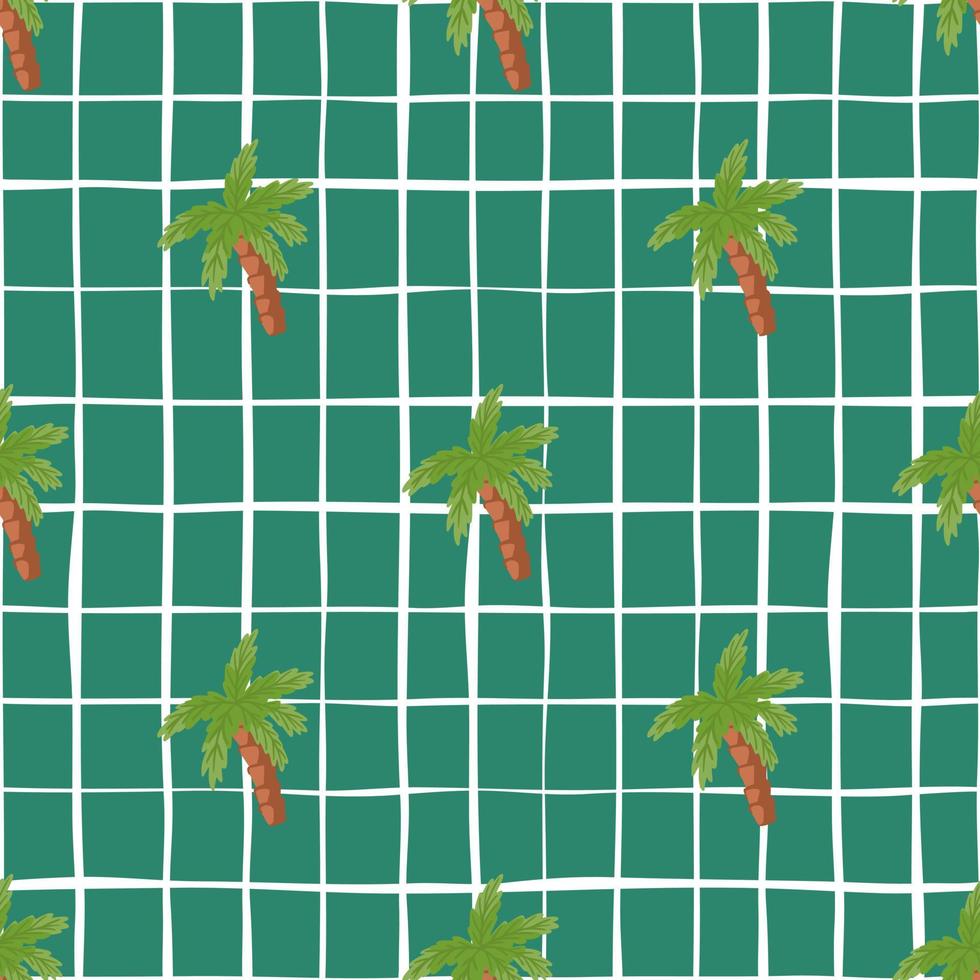 Hand drawn seamless pattern with green palm tree elements shapes. Turquoise background with check. vector