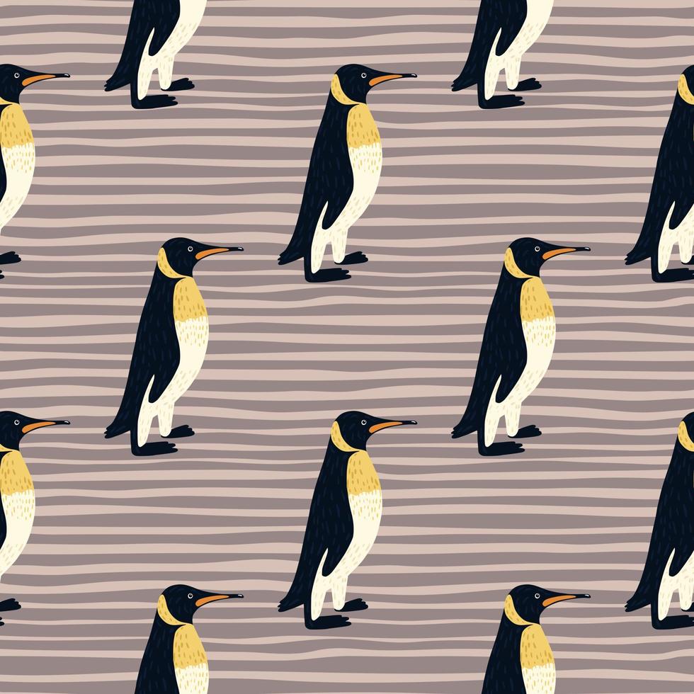 Cartoon kids penguin seamless pattern in hand drawn style. Purple pale striped background. Zoo backdrop. vector