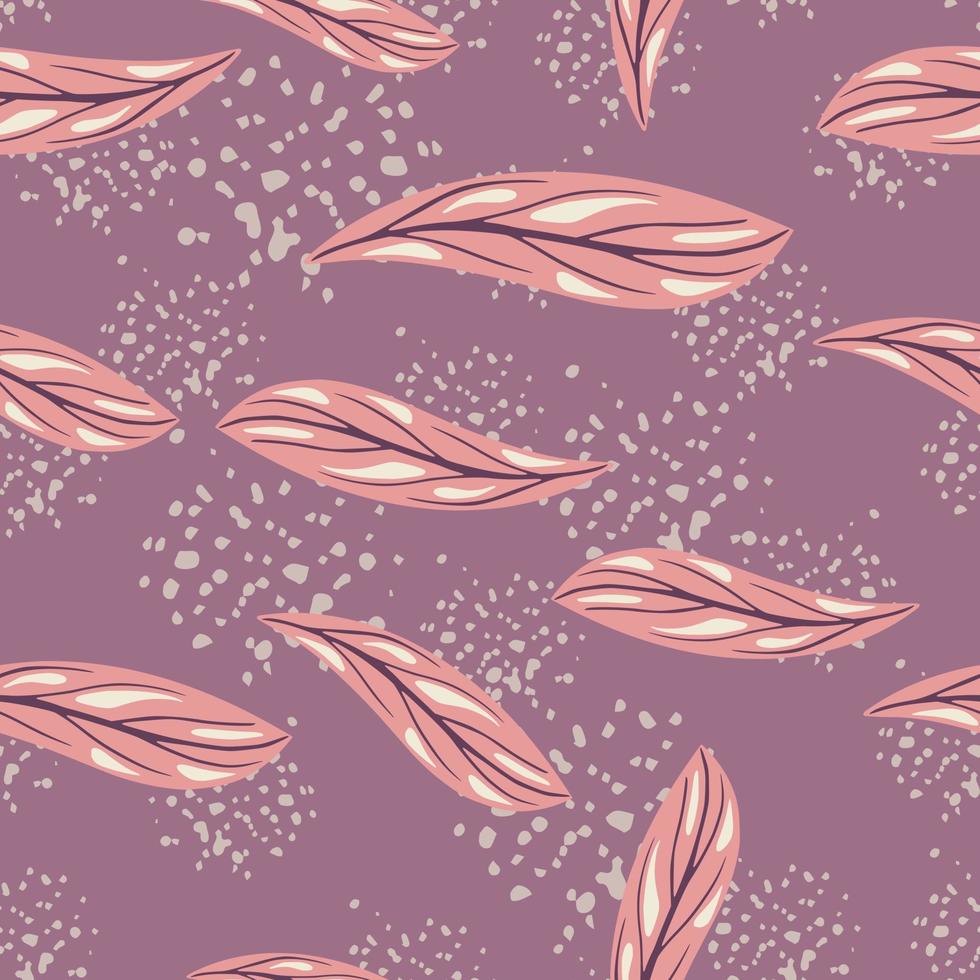 Nature abstract seamless pattern with random pink simple doodle leaves shapes. Purple background with splashes. vector