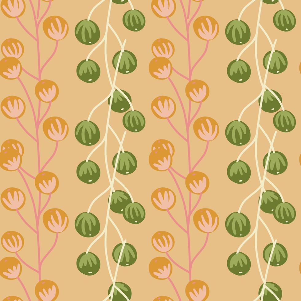 Green and orange abstract berries branches seamless doodle pattern. Beige background. Simple print. vector