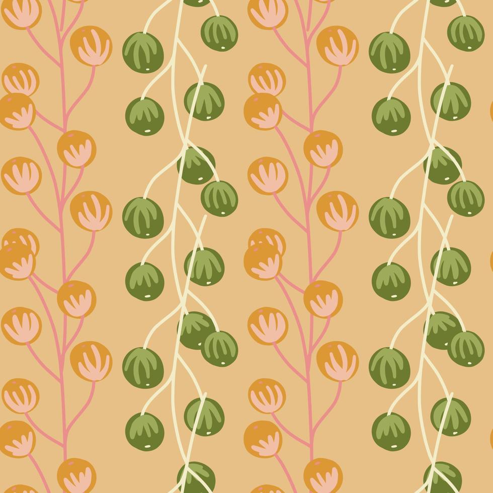 ramas de bayas abstractas verdes y naranjas patrón de garabato sin costuras. fondo beige. impresión sencilla. vector