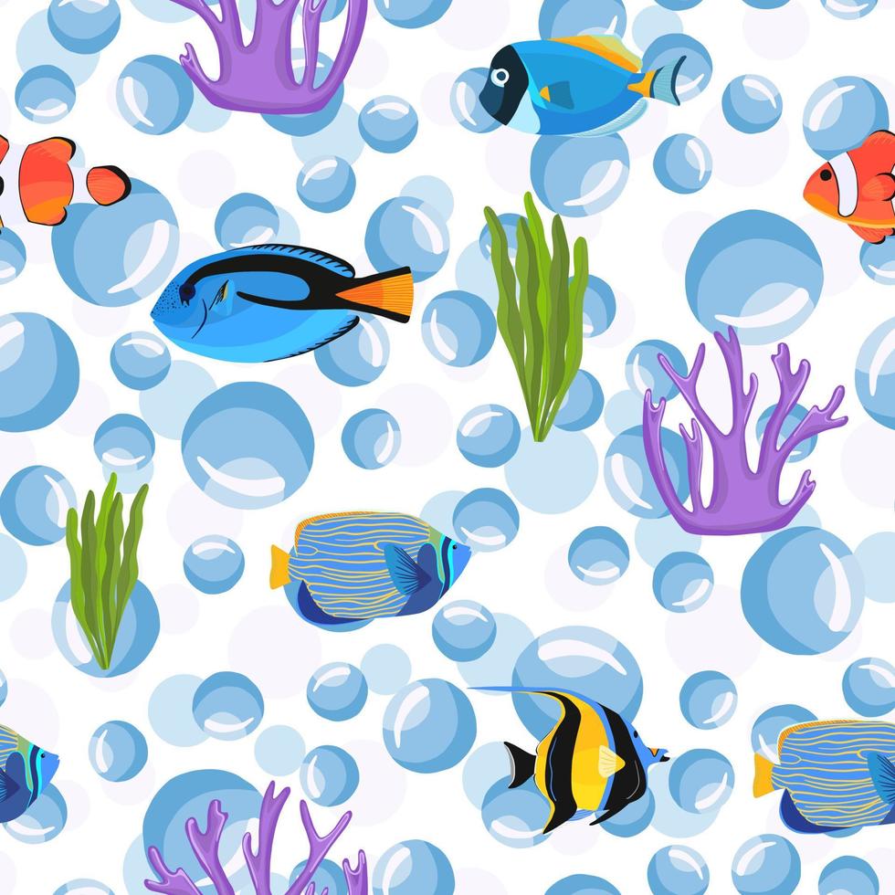 Fish underwater with bubbles. Undersea seamless pattern. vector