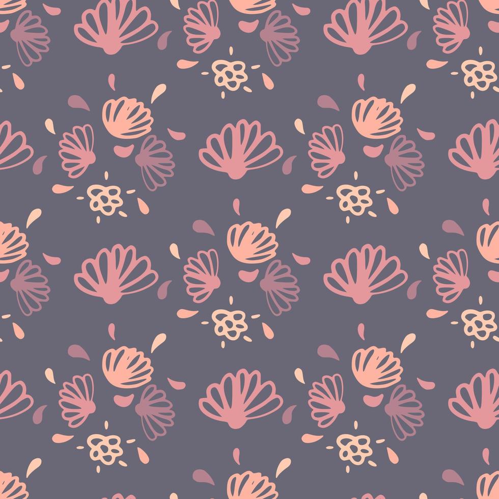 Seamless pattern with doodle contoured flowers. Abstract botanic silhouettes in pink tones on grey background. vector