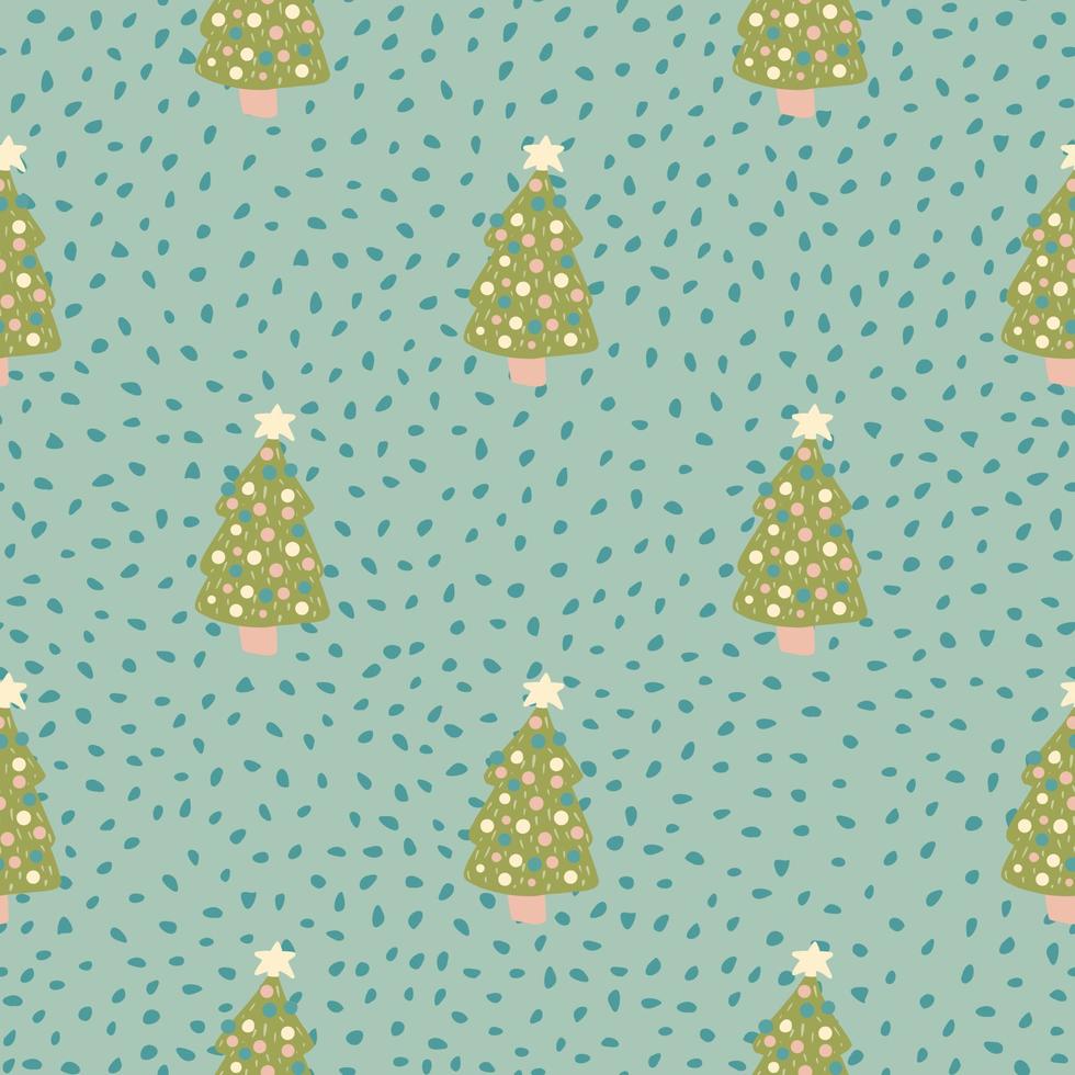 Stylized seamless pattern with green christmas tree toy holiday print. Blue dotted background. Xmas backdrop. vector