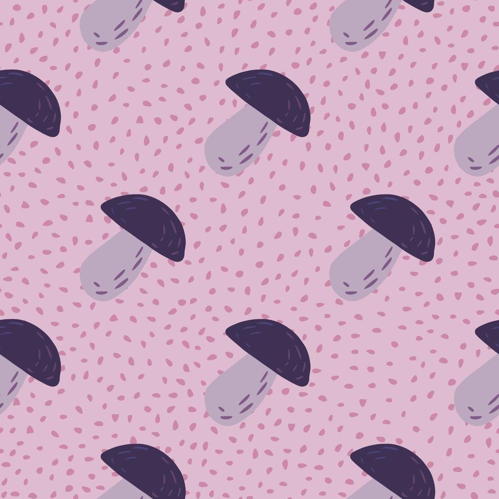 Seamless pattern with diagonal located ornament hand drawn mushroom elements. Simple food elements on lilac dotted background. vector