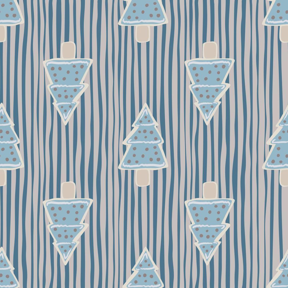 Blue new year cookie seamless hand drawn pattern. Fir tree tasty shapes on navy blue and pink stripped background. vector