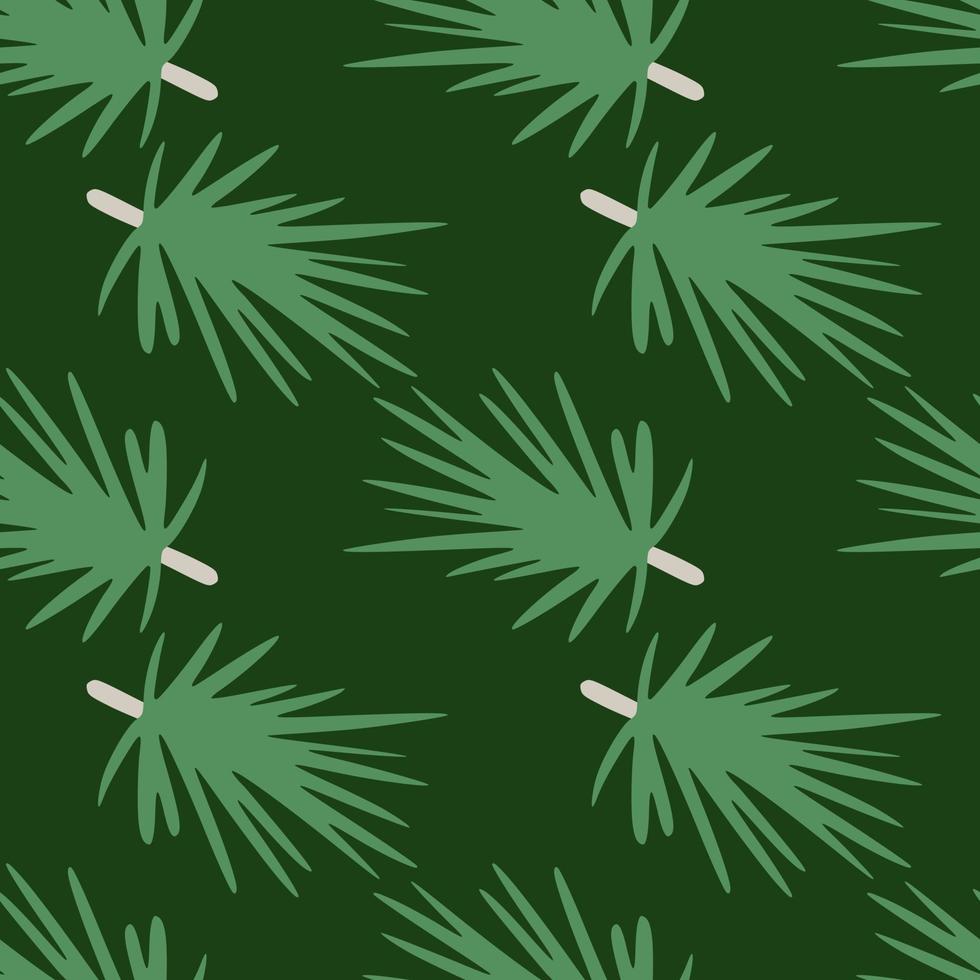 Green palette new year seamless pattern with conifeous twigs silhouettes. Dark background. Botanic backdrop. vector