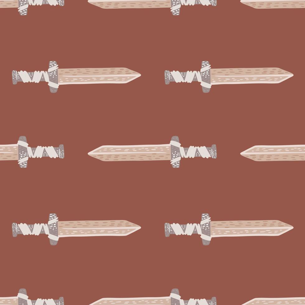 Stylized old historu seamless pattern with sword ornament. Grey colored middle ages elements on pale maroon background. vector