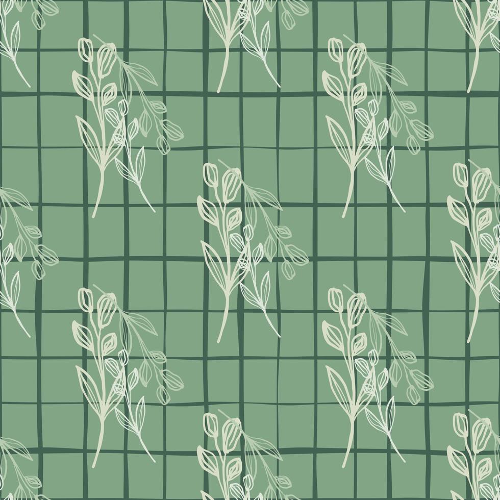 Herbal hand drawn sealess pattern with white flowers. Black check on pastel green background. vector