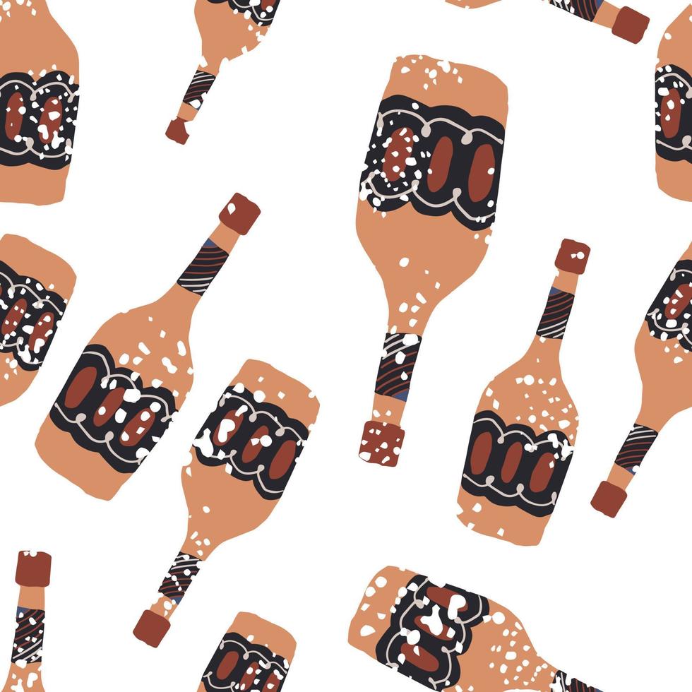 Alcohol rum bottles on white background. Doodle glass bottle seamless pattern. vector