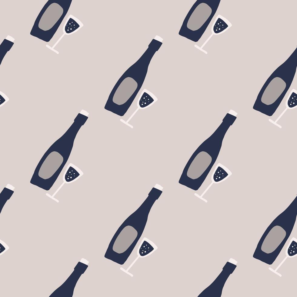 Pale seamless doodle wine elements pattern. Grey background with navy blue bottle and glass. vector