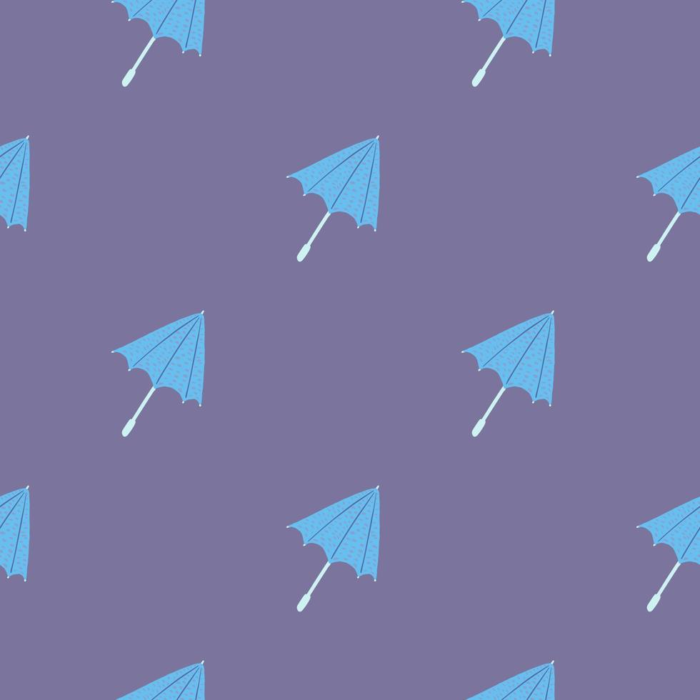 Blue umbrella simple ornament seamless pattern. Purple background. Fall season print. vector