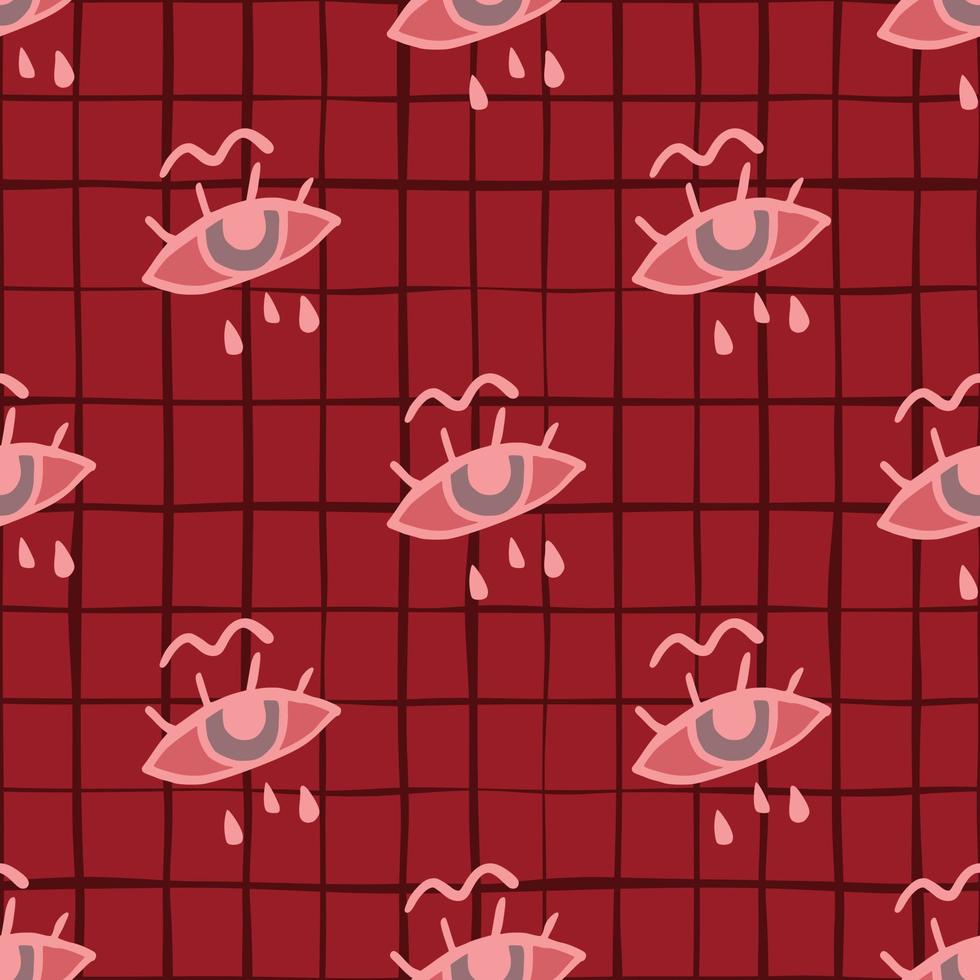 Cry eyes seamless simple doodle pattern. Naive design. Red chequered background. vector