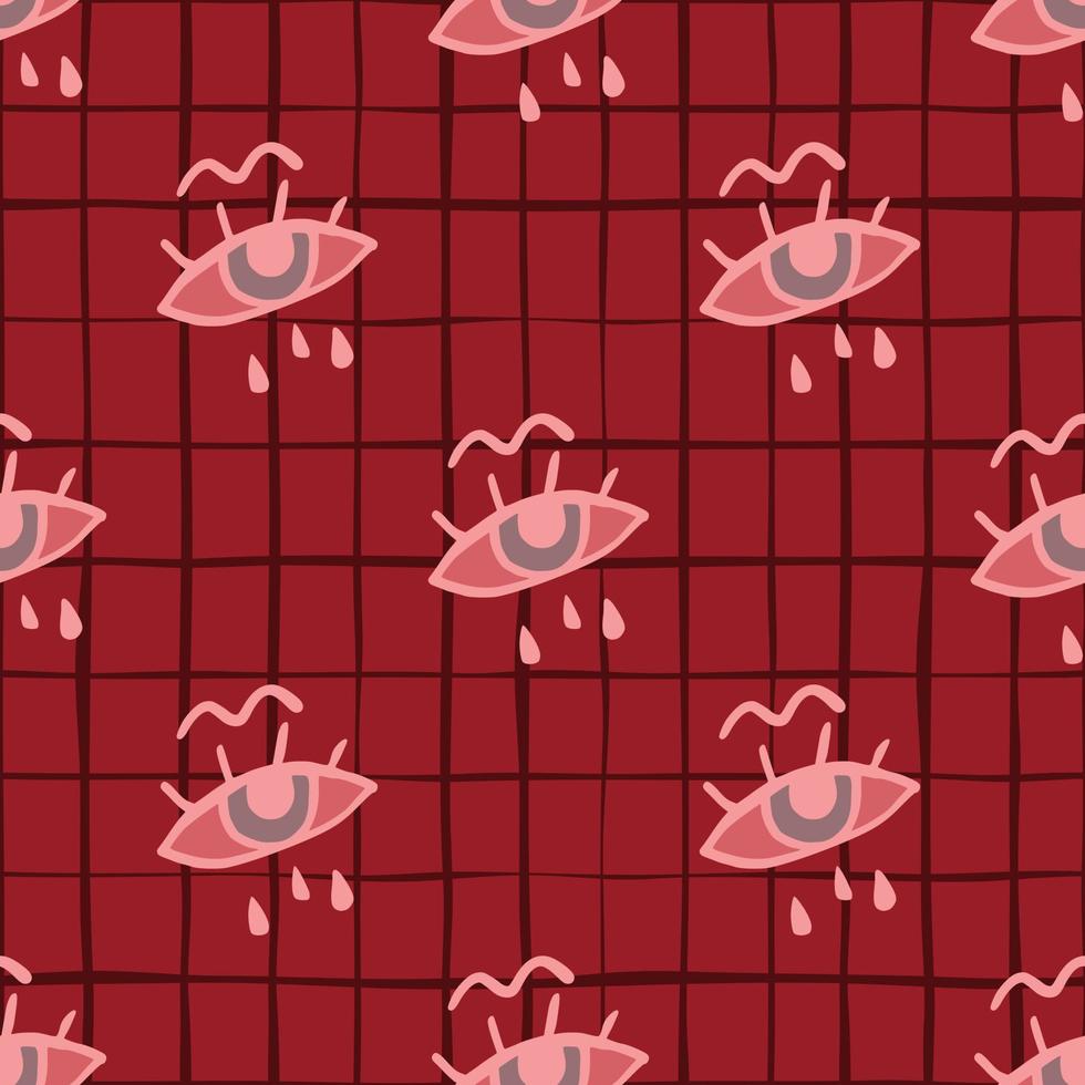 Cry eyes seamless simple doodle pattern. Naive design. Red chequered background. vector