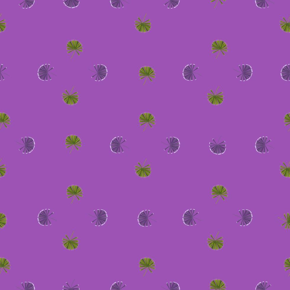 Geometric style seamless nature pattern with doodle liittle palm licuala ornament. Purple background. vector