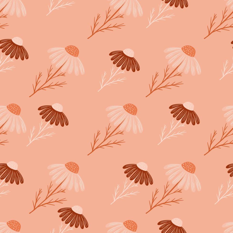 Doodle seamless pattern with natural chamomile flowers elements. Pink pale background. Doodle print. vector