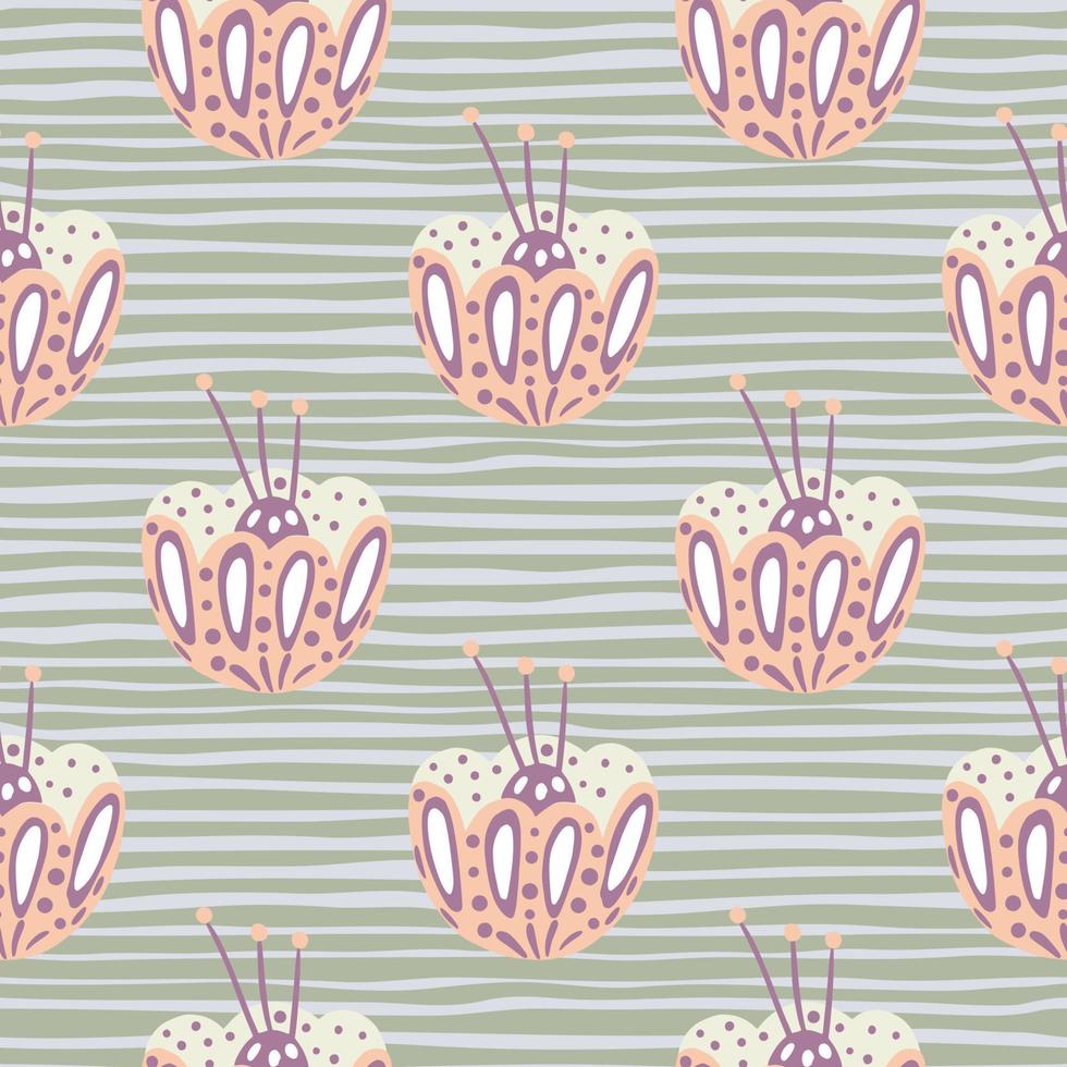 Bloom seamless abstract pattern with light pink folk flower bud ornament. Grey striped background. vector