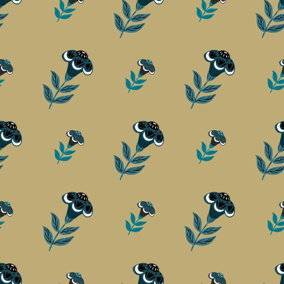 Nature botanic seamless pattern with navy blue flower folk silhouettes ornament. Beige background. vector
