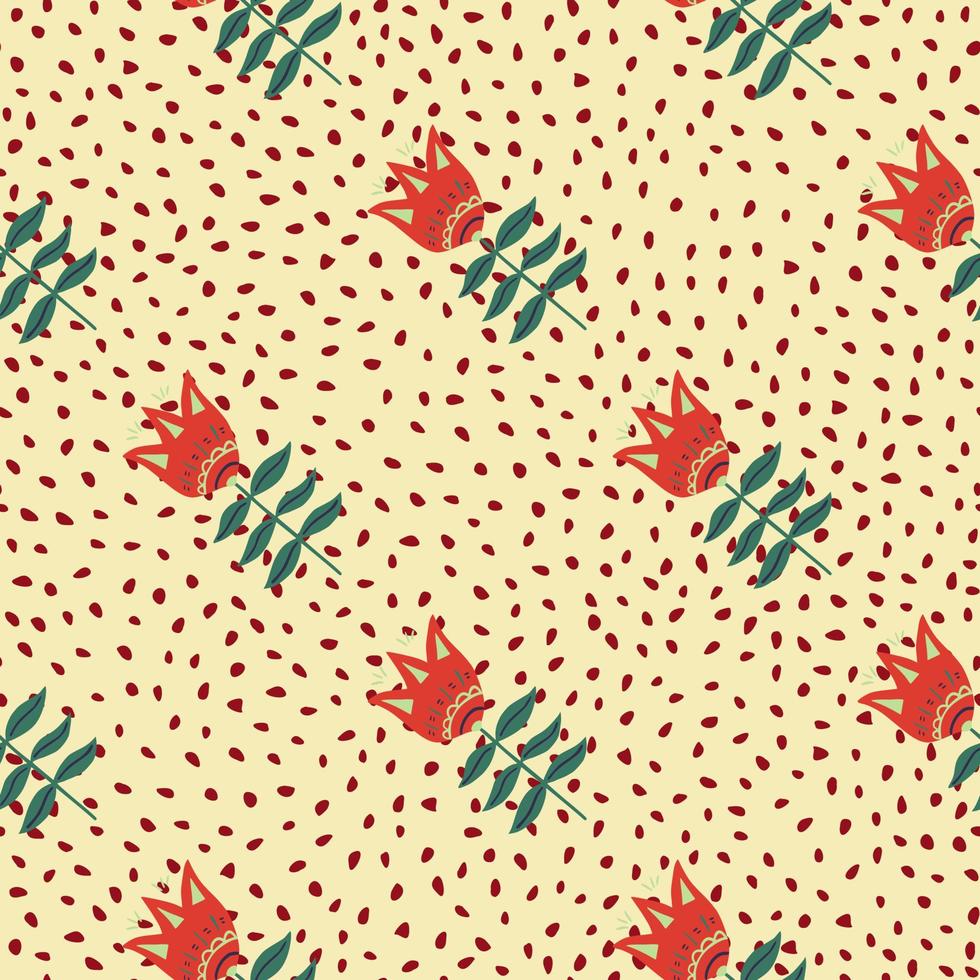 Modern red flower folk art seamless pattern on dots background. vector