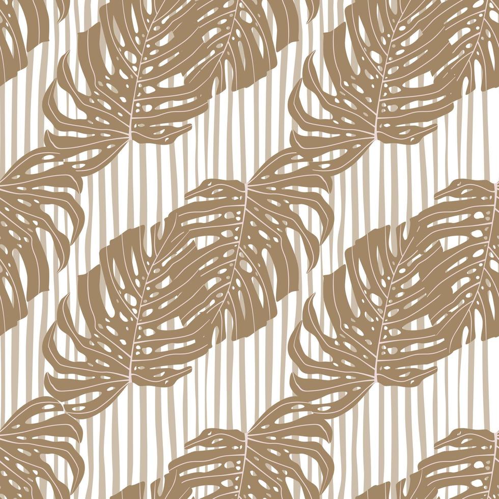 Pastel tones seamless beige monstera leaf pattern. Botanic ornament on light striped background. vector