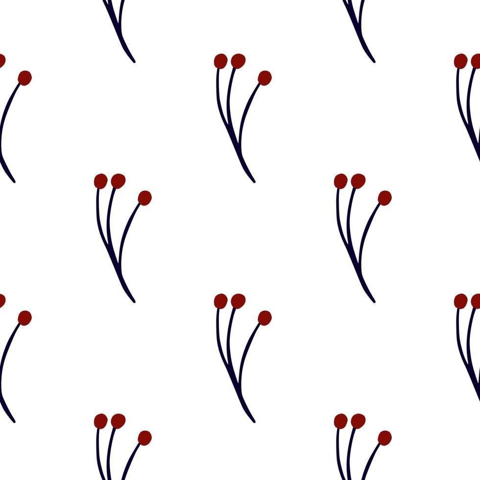 patrón aislado sin costuras con ramas de bayas rojas minimalistas con estampado de garabatos. Fondo blanco. vector
