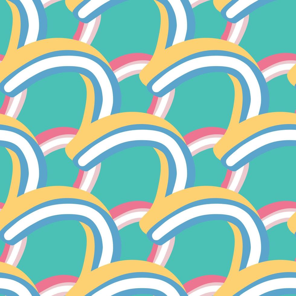 Pink, turquoise and yellow rainbow shapes ornament seamless pattern in doodle style. Colorful print. vector