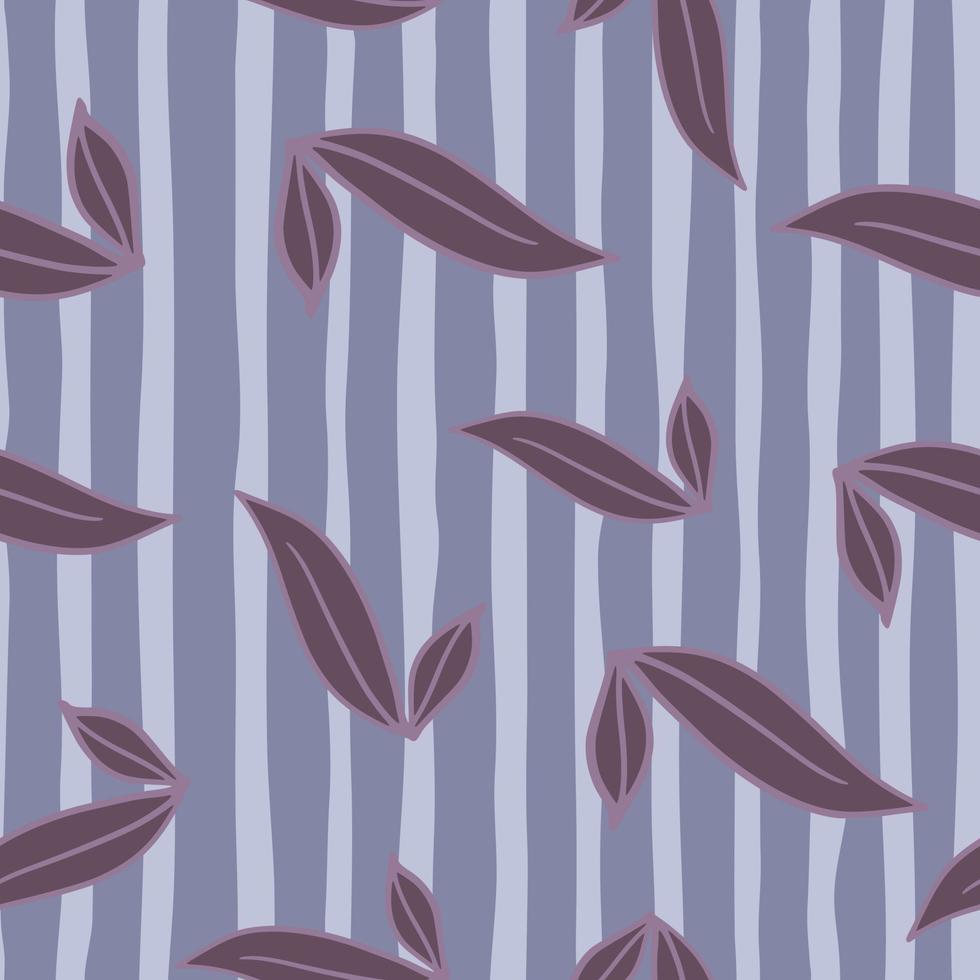 Nature seamless pattern with random falling purple foliage ornament. Blue striped background. Doodle shapes. vector