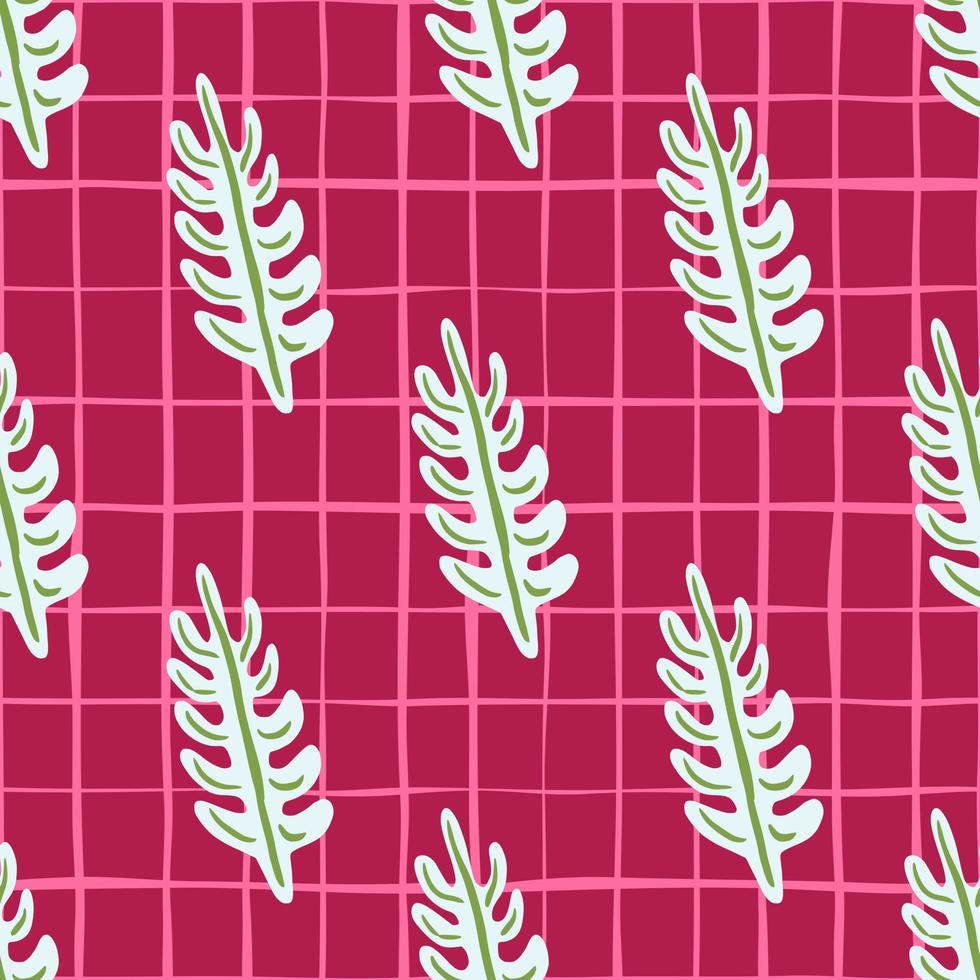 Green and white colored leaf branches ornament seamless pattern. Pink chequered background. Bright print. vector